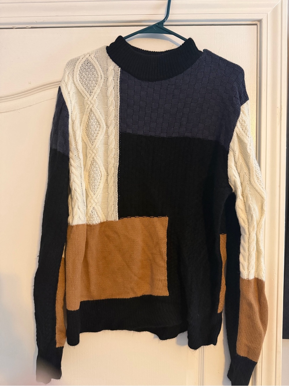 Colorblock Cable Knit Men’s Sweater - Black, Cream & Tan